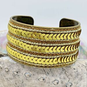 Sequin Open Cuff Bracelet Women's 1.5 in Goldtone Boho Hippie Dancer Costume